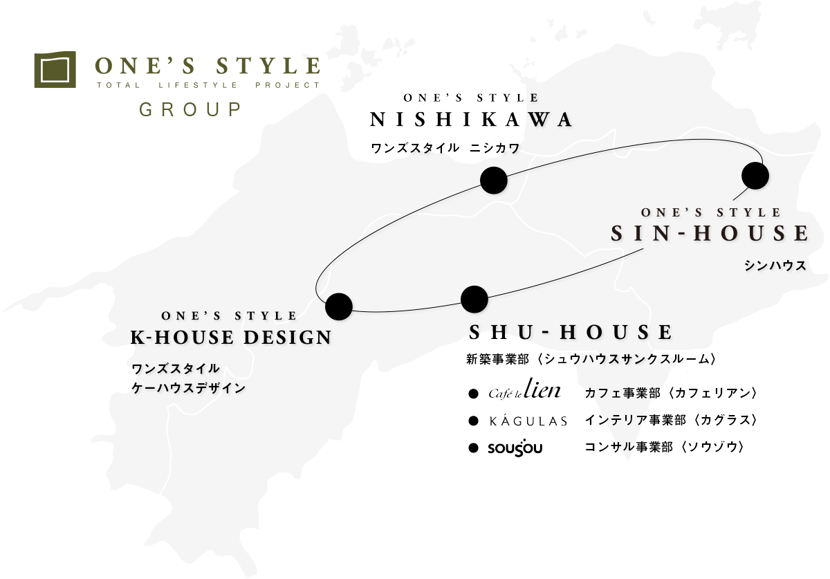 ONE'S STYLE GROUP 四国4拠点（K-HOUSE DESIGN・SHU-HOUSE・ONE'S STYLE NISHIKAWA・SIN-HOUSE）の地図